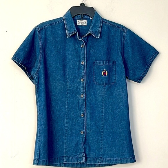 Bugle Boy Tops - 🌞 Bugle Boy For Her Vintage 90s short sleeve button up blue denim shirt M